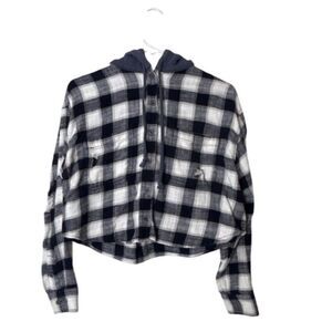American Eagle Womens Crop Plaid Flannel Shirt With Hood S